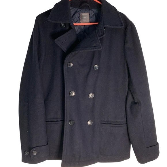 Gap Men Navy Pea Coat Wool Blend Double Breasted size Large - Picture 1 of 3